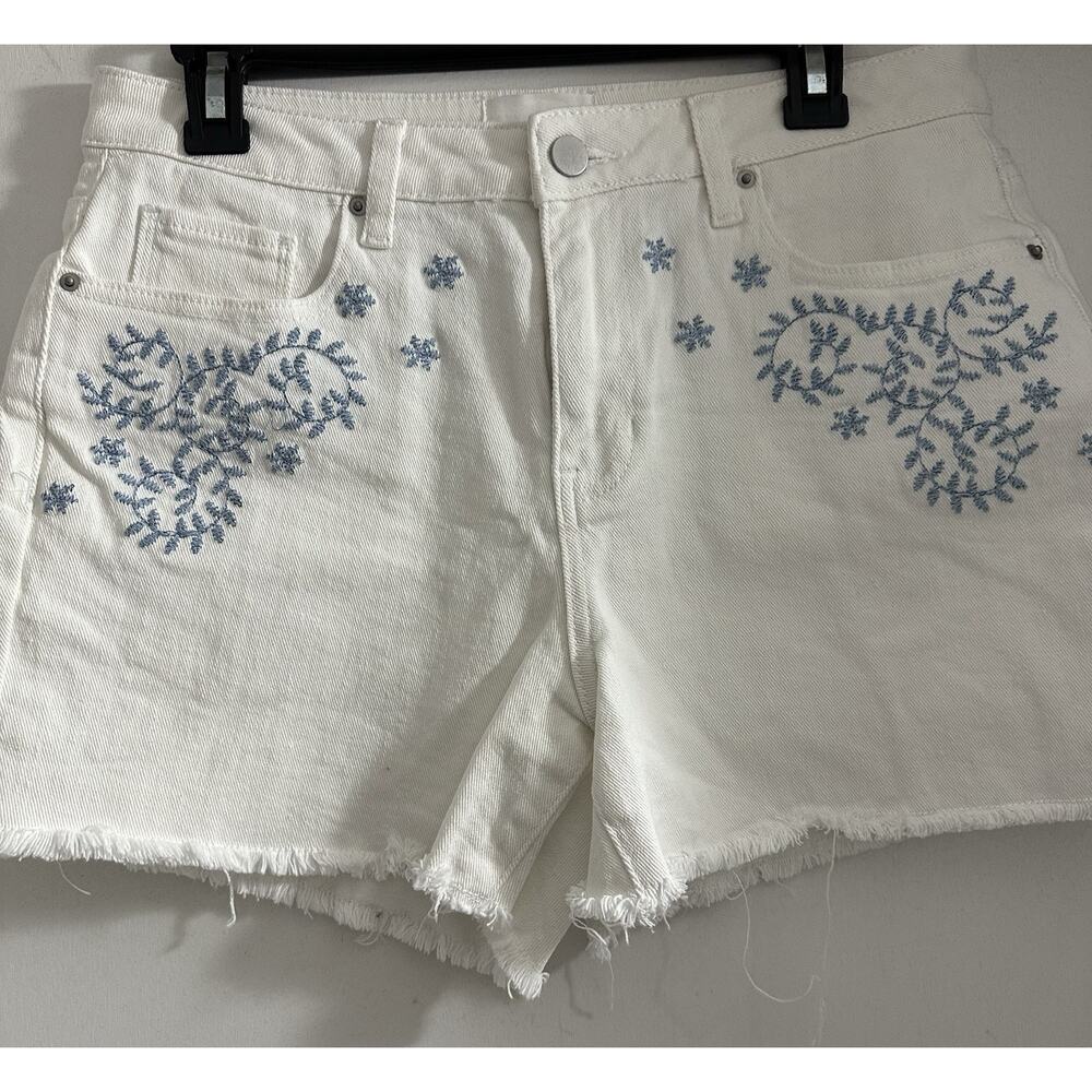Poppy & Grace Women’s White Denim Shorts Embroidered Blue Floral Size 29